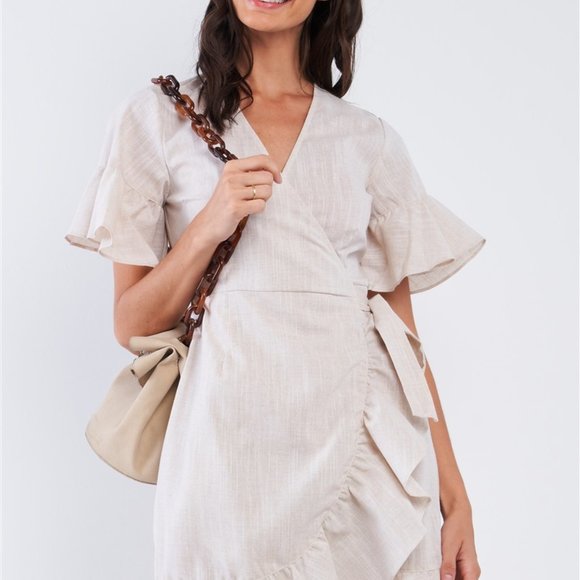 Tan Beige Deep Plunge V-Neck Ruffle Hem Self-Tie Waist Wrap Mini Dress - Picture 1 of 3